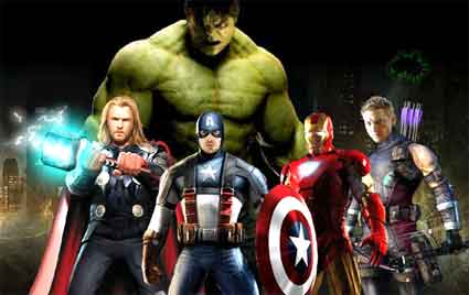 Thor 2 - Illustration avec Avengers - De gauche à droite : Thor, Captain America, Iron man, Oeil de faucon et Hulk