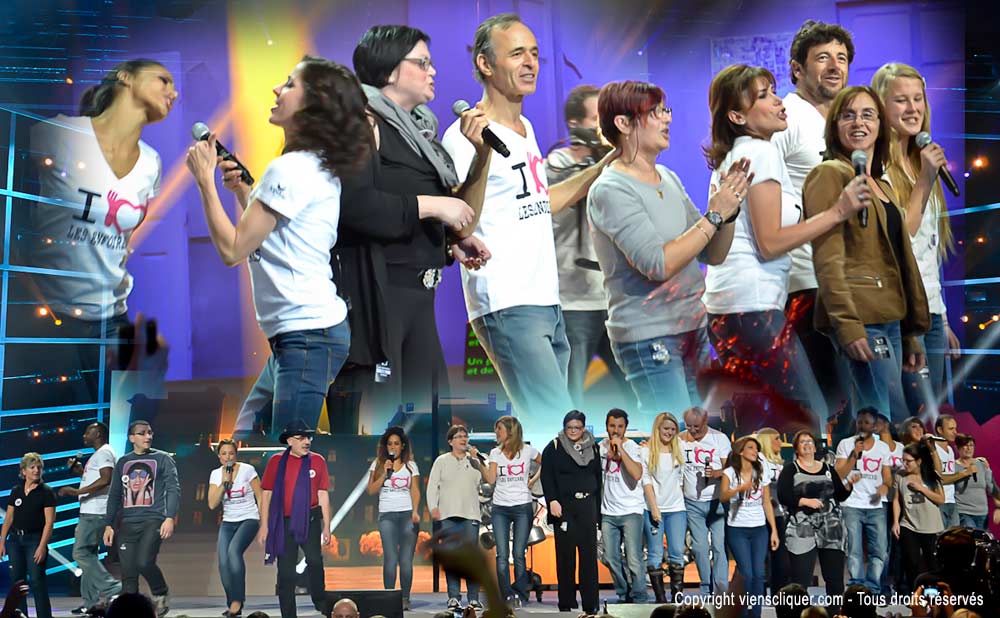 Concert enfoirés 2014 - Zenith Strasbourg - Tableau final. Toute la troupe avec les bénévoles